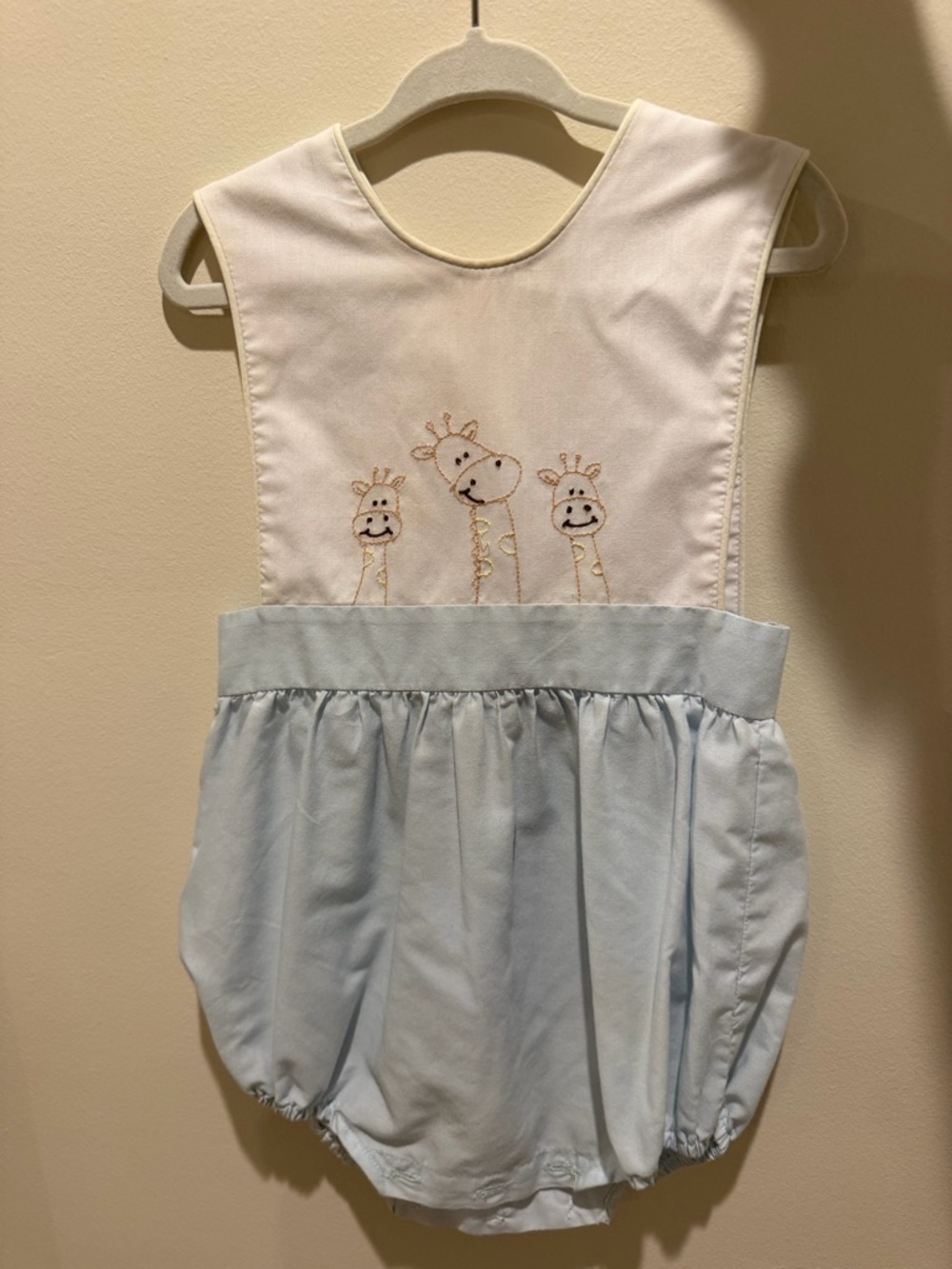 White Bodice Baby Bubble Romper with Giraffe Embroidery